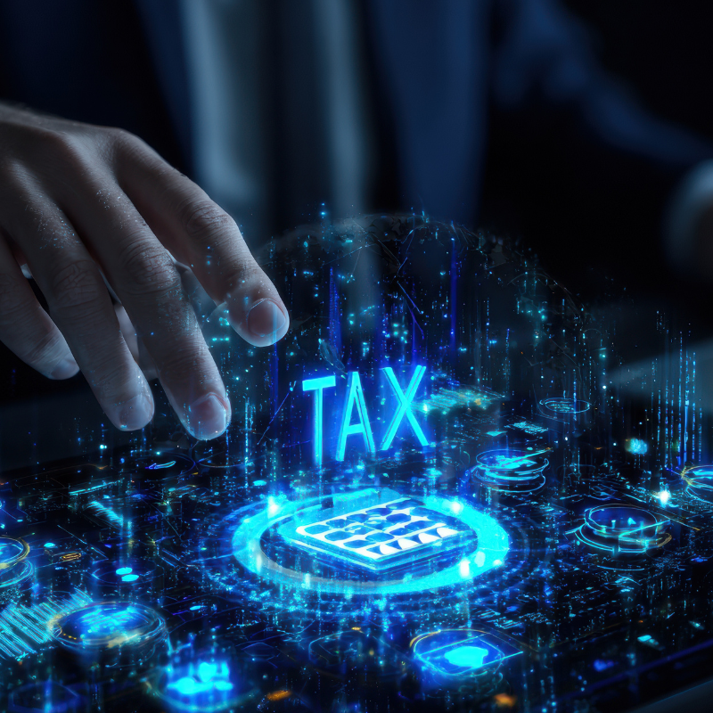 OBBBA Fintech New tax provisions depicted in a blue technology image with a hand over the word TAX.