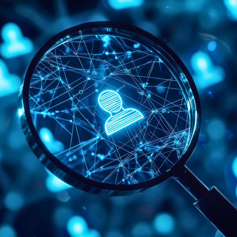 Magnifying Glass Revealing Digital Network of Cybersecurity Services for Employee Benefit Plans and sensitivity of the data they hold.