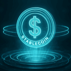 Stablecoin crypto tech blue image with a currency blockchain depiction on technology finance