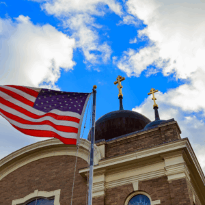 church with american flag