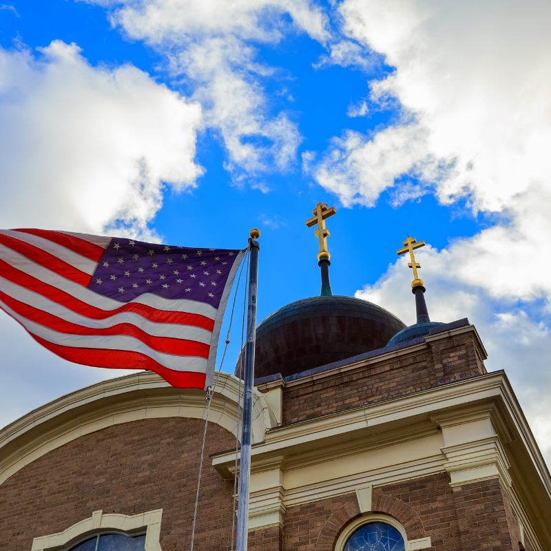 church with american flag