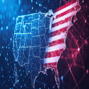 Digital map of the United States with an American flag, global network and connectivity concept, dark blue background with light effects