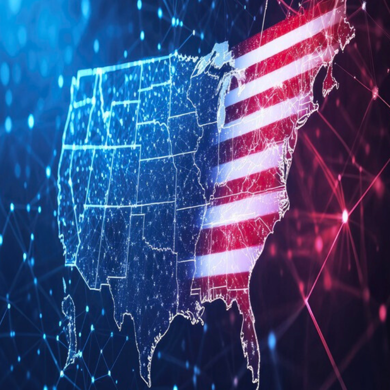 Digital map of the United States with an American flag, global network and connectivity concept, dark blue background with light effects