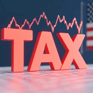 Taxation and Financial Volatility: A red TAX word is set against the background of the stock market, with fluctuating graph lines.
