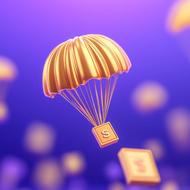 Golden Dollar Parachute Falling Through Purple Sky