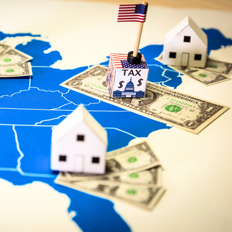 individual taxes, houses on a map of the united states