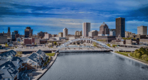 Rochester, New York skyline view on a sunny day