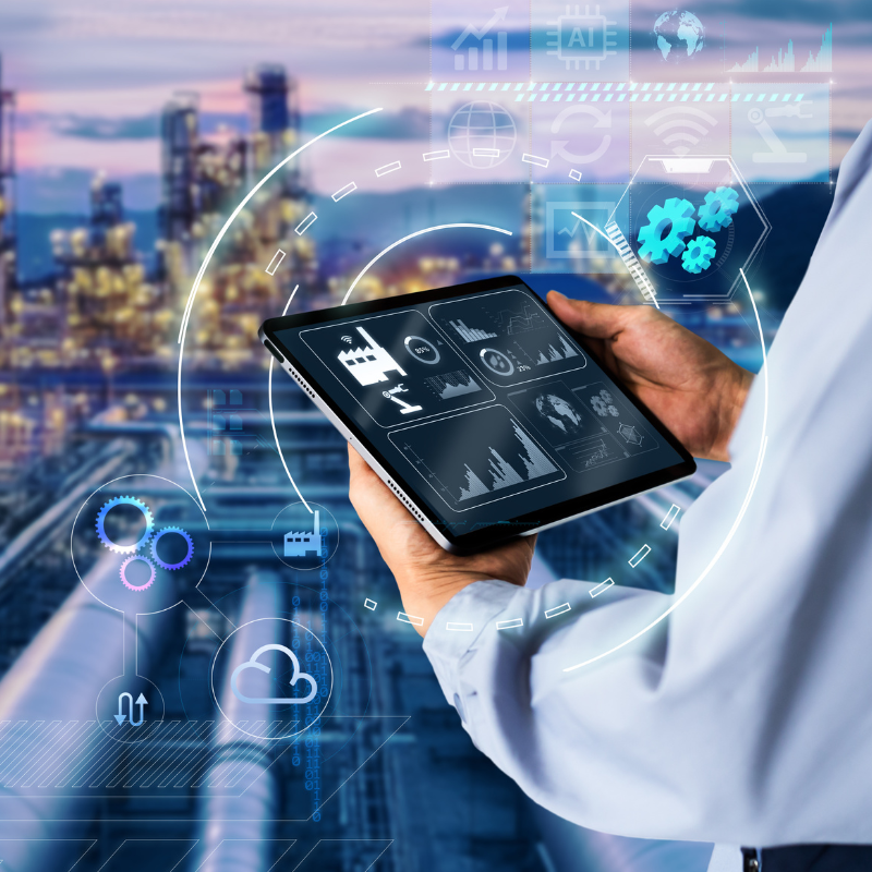 Smart industry management control system concept. Hands holding tablet on blurred Chemical plant refinery industrial equipment as background.