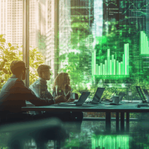 Office meeting with green virtual sustainable development data charts, symbolizing an eco-conscious organizational plan, photorealistic illustration