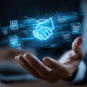 Businessman managing digital procurement process with contract for self-insured health plans, aligning legal and consulting perspectives during contract negotiations
