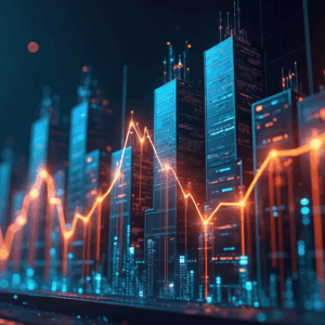 buildings with financial graph overlay