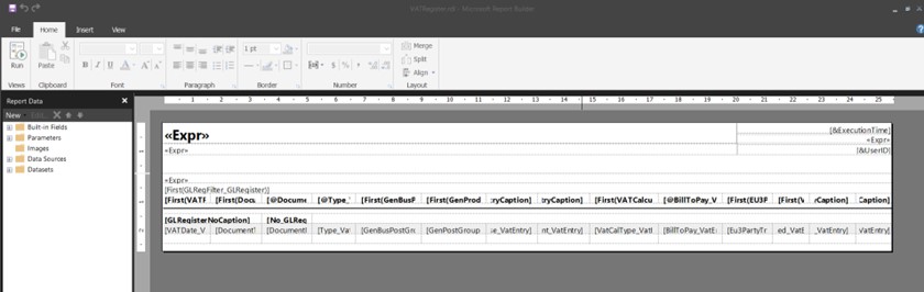 Screenshot of Microsoft Report Builder used to edit a Business Central RDLC report layout file renamed as .rdl