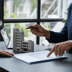 An insurance agent explains the details of the condo purchase contract to calculate the financial Condo Development Taxes