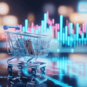 shopping basket of consumer product goods with financial metrics in background