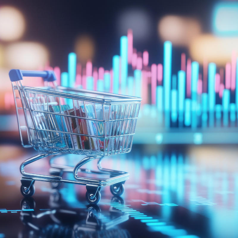 shopping basket of consumer product goods with financial metrics in background