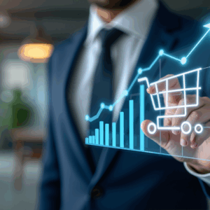 Suited body with an ecommerce accounting software erp graphic and digital shopping cart at his finger tips