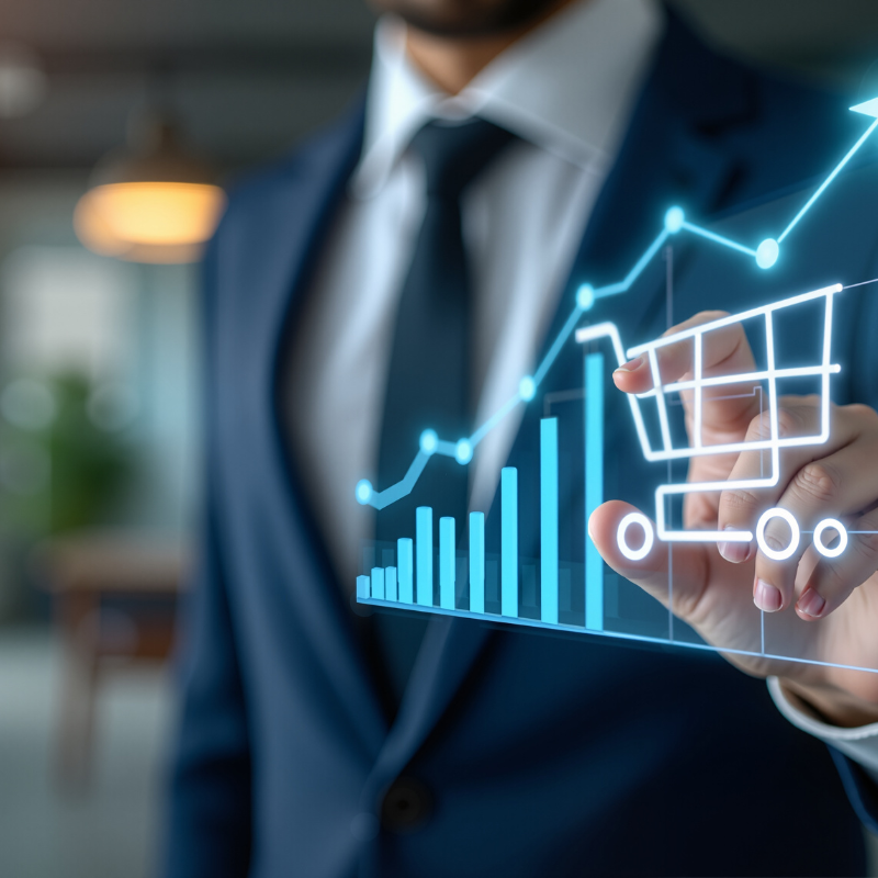 Suited body with an ecommerce accounting software erp graphic and digital shopping cart at his finger tips