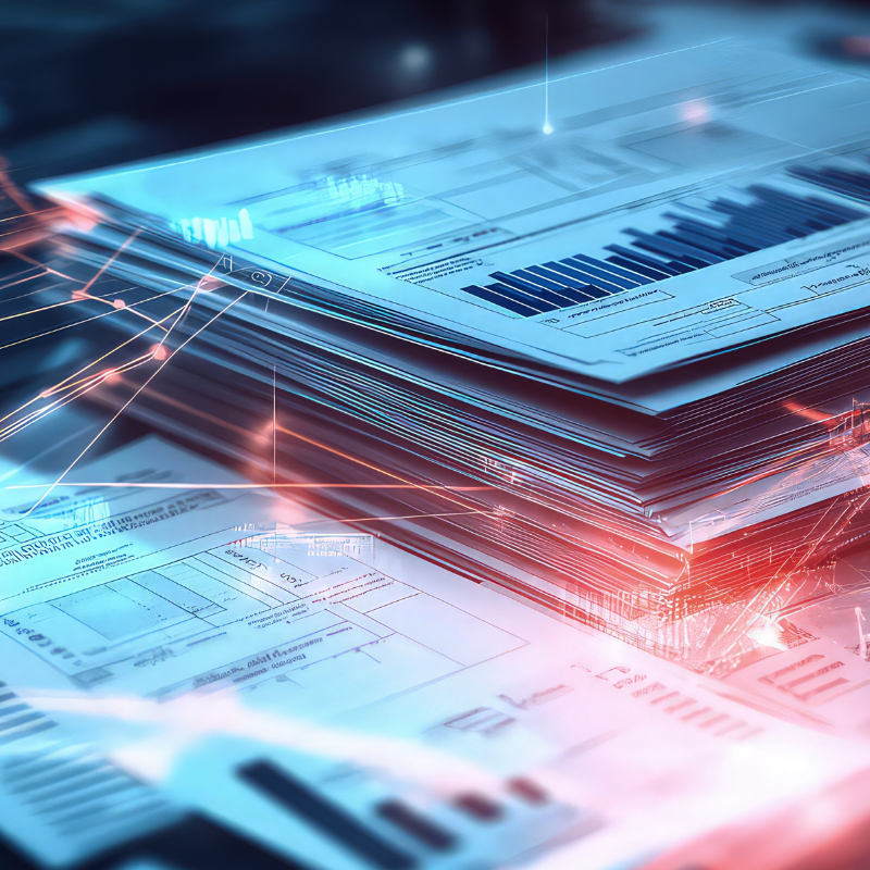 A glowing stack of tax forms and financial reports