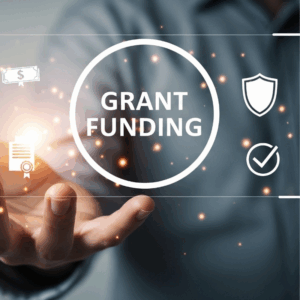 Person holding government grant funding interface with icons representing technology and government contact