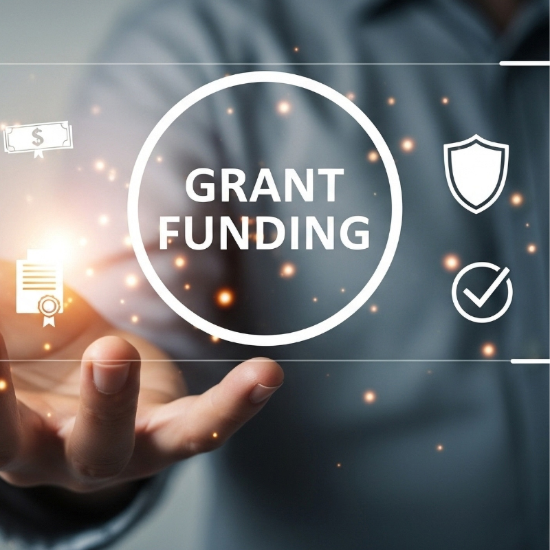 Person holding government grant funding interface with icons representing technology and government contact