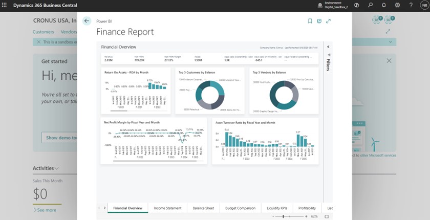Power BI Finance Report dashboard connected to Business Central showing financial KPIs, top customers and vendors by balance