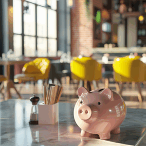 Financial Support for Small Businesses 3D Render of a Piggy Bank in a Restaurant Setting Funds for SBA Loans