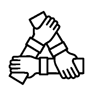 Icon for Hands-On Support, 3 hands holding each other's forming a triangle