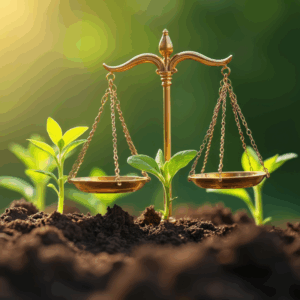 Scales of justice in soil among green seedlings under sunlight representing the OBBBA reforms to U.S. tax policy for Cleantech companies.