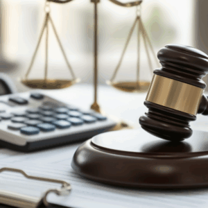 Form 5471 Penalties concept with gavel and calculator on court documents.