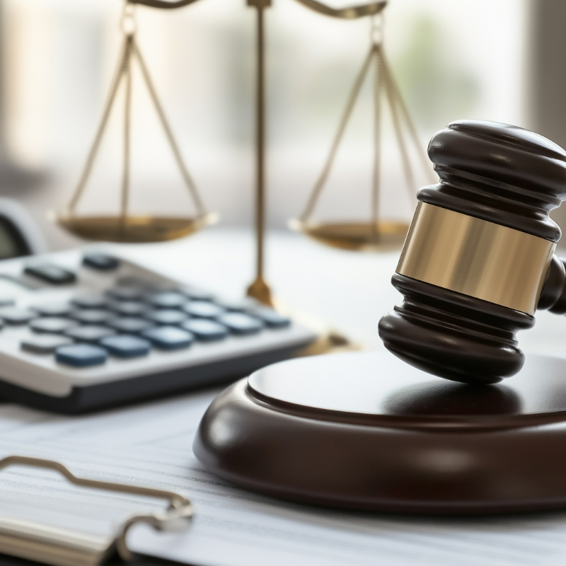 Form 5471 Penalties concept with gavel and calculator on court documents.