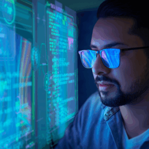Portrait of Software Developer Sitting at His Desk and Working on Computer