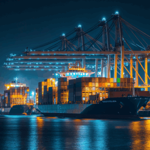 cargo ship in port at night