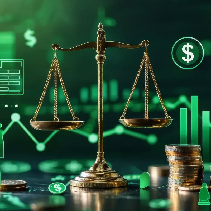 Justice and Finance Concept with Scales and Currency