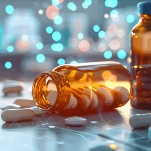 pharmaceutical drugs scattered on table, 340b drug pricing program