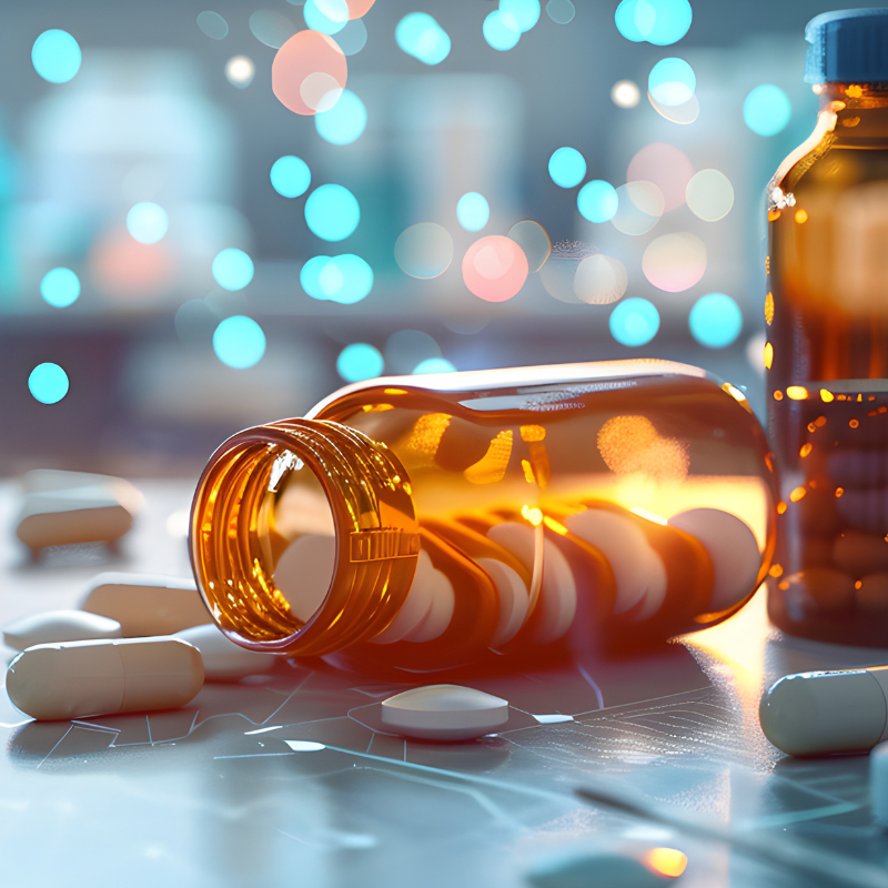 pharmaceutical drugs scattered on table, 340b drug pricing program
