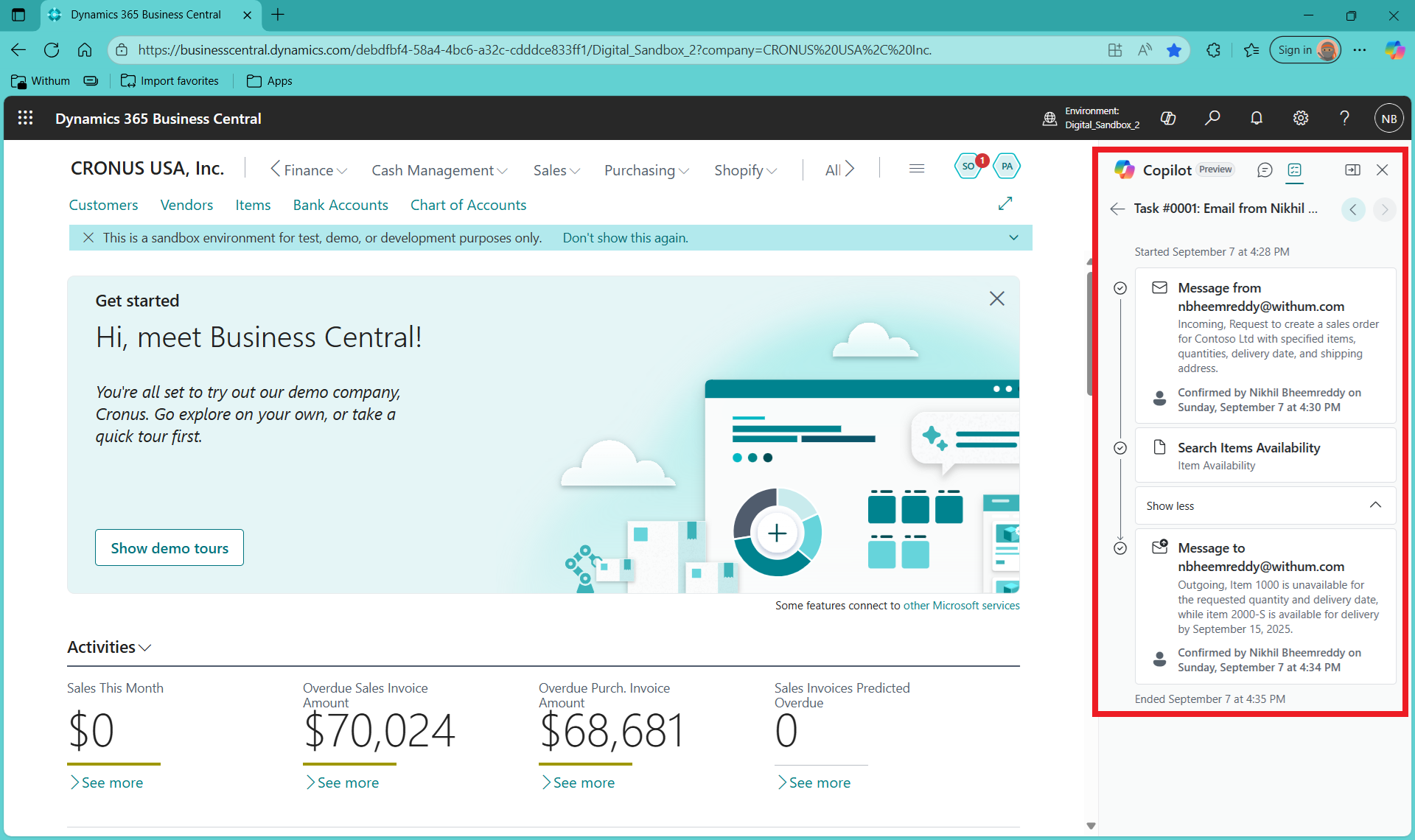 Copilot Insights panel displaying Sales Order Agent task in Microsoft Dynamics 365 Business Central 2025 Wave 2