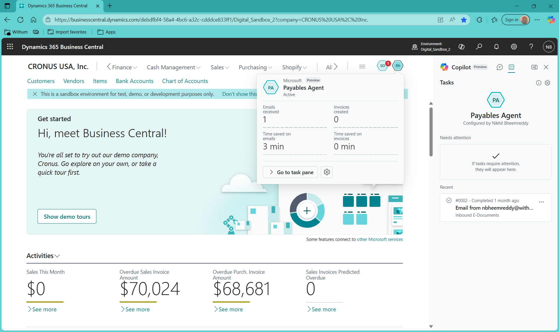 Payables Agent pop-up preview in Microsoft Dynamics 365 Business Central 2025 Wave 2 interface
