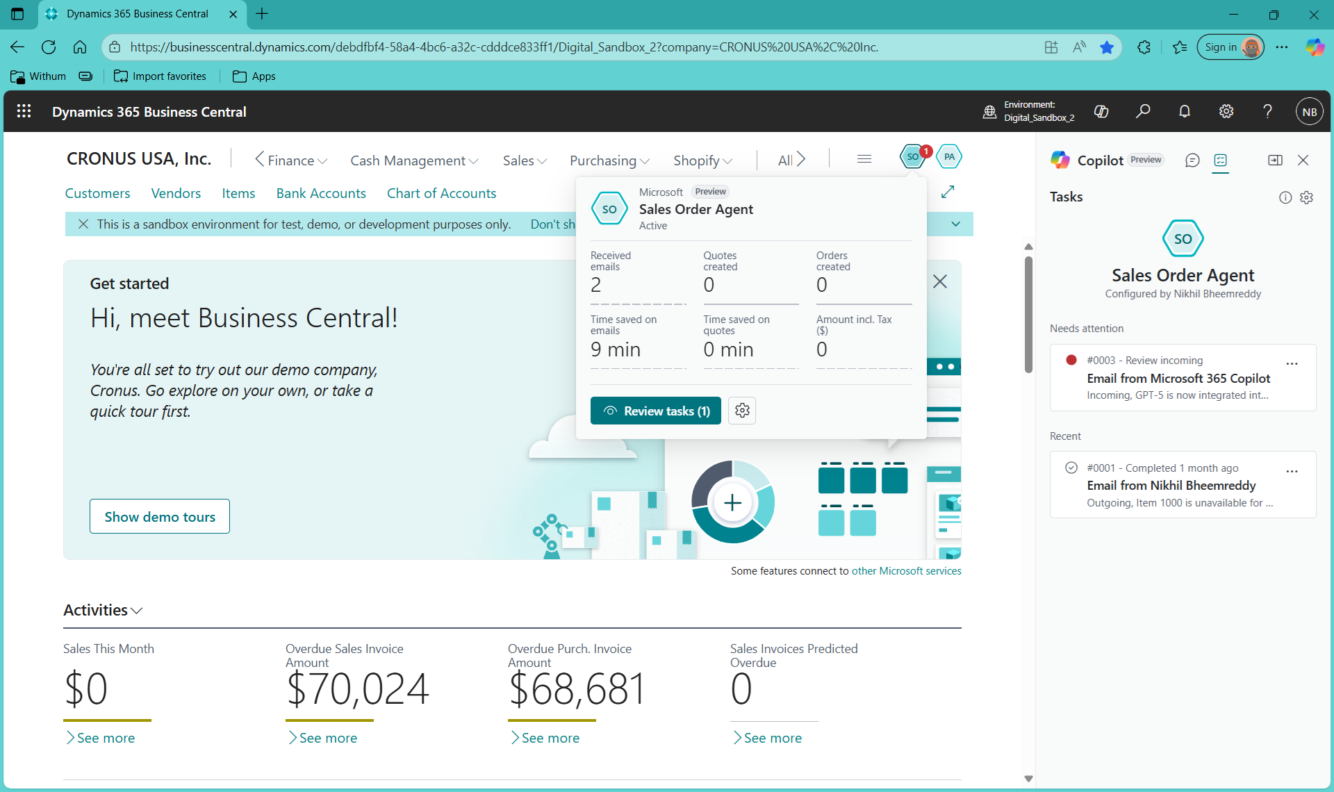 Sales Order Agent pop-up preview in Microsoft Dynamics 365 Business Central 2025 Wave 2 interface