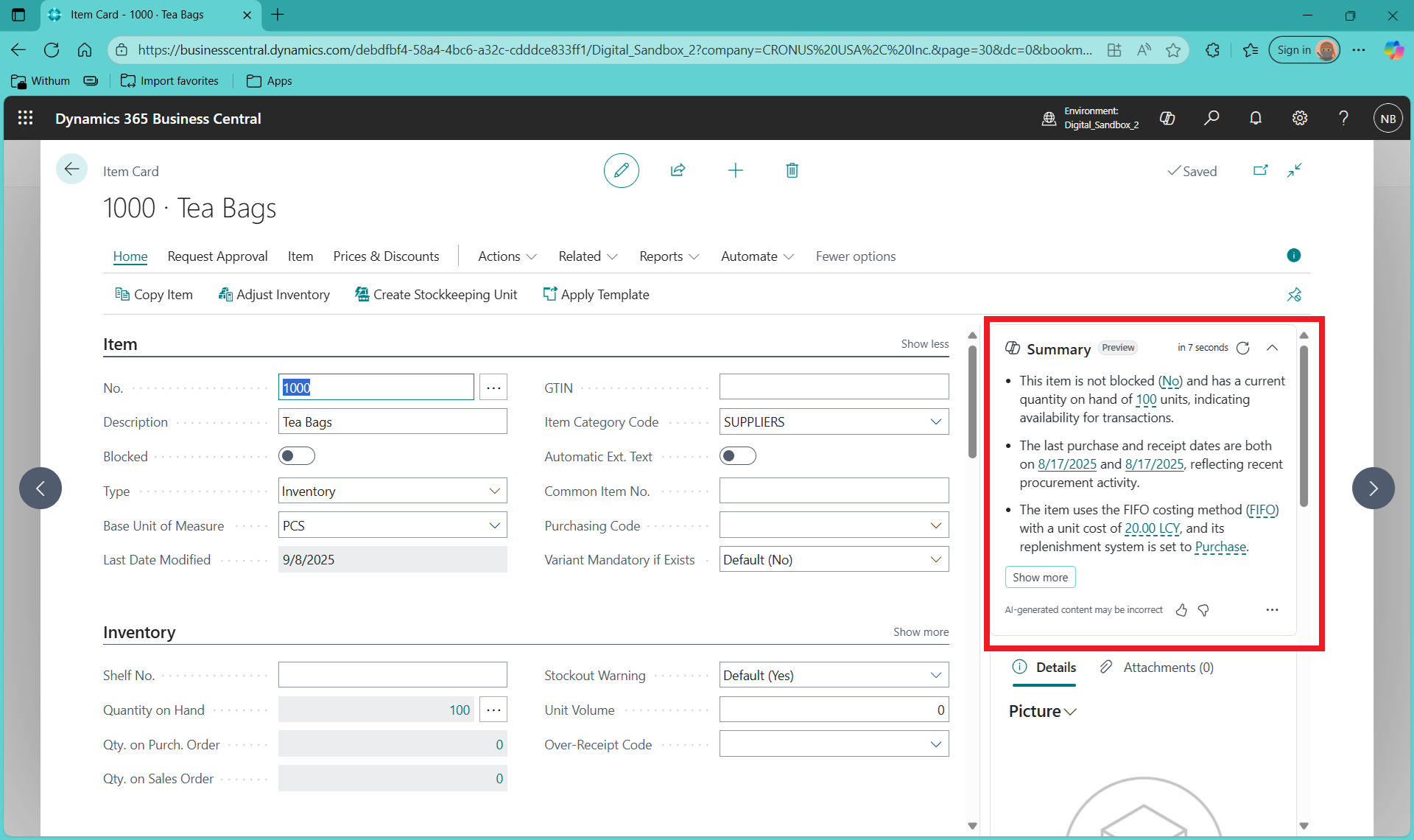 AI-generated record summary FactBox in Microsoft Dynamics 365 Business Central 2025 Wave 2 item card view