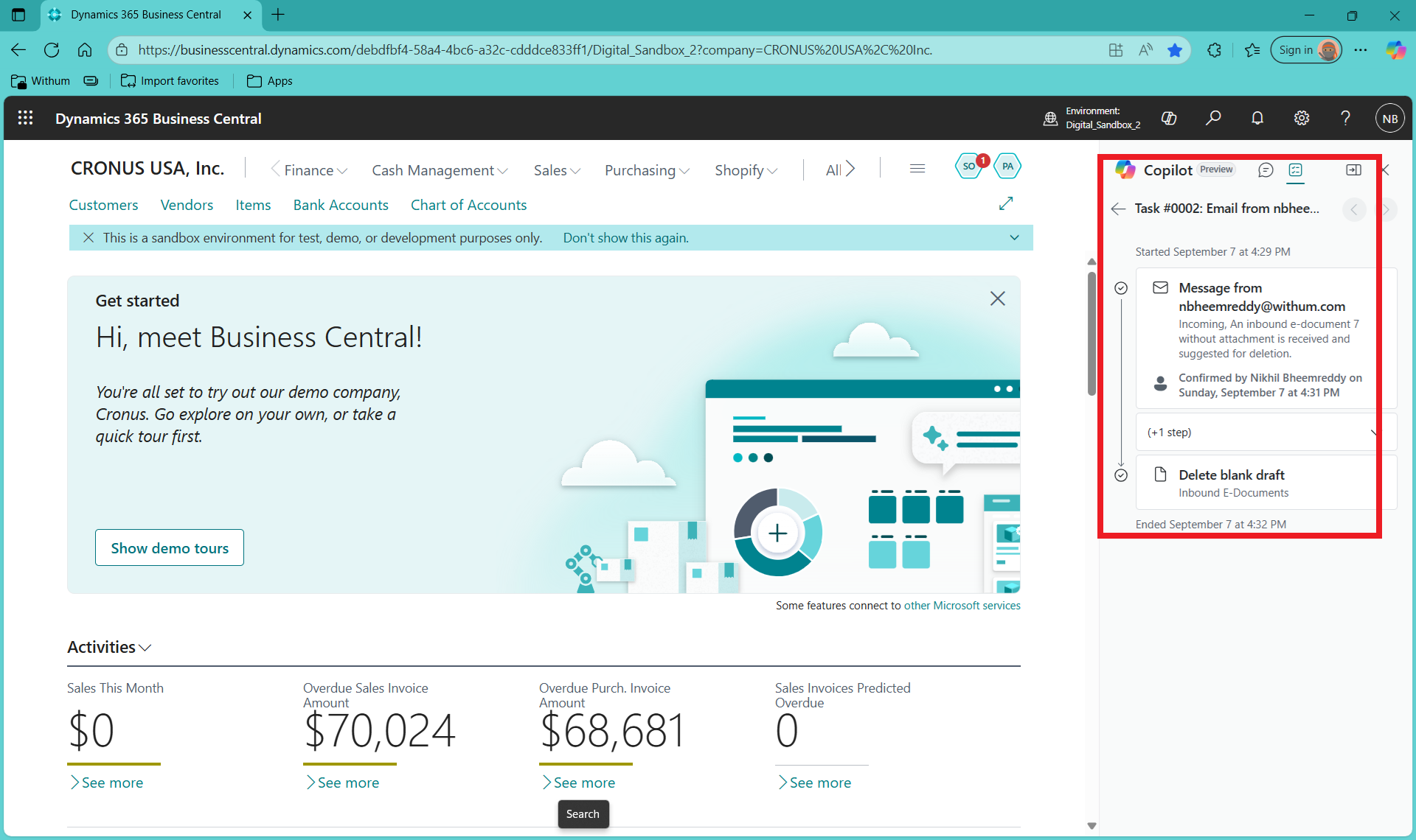 Copilot Insights panel displaying Payables Agent task in Microsoft Dynamics 365 Business Central 2025 Wave 2