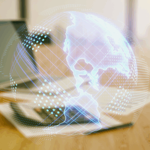 Double exposure of graphic America map hologram on calculator and pc background, big data and digital international tax technology concept