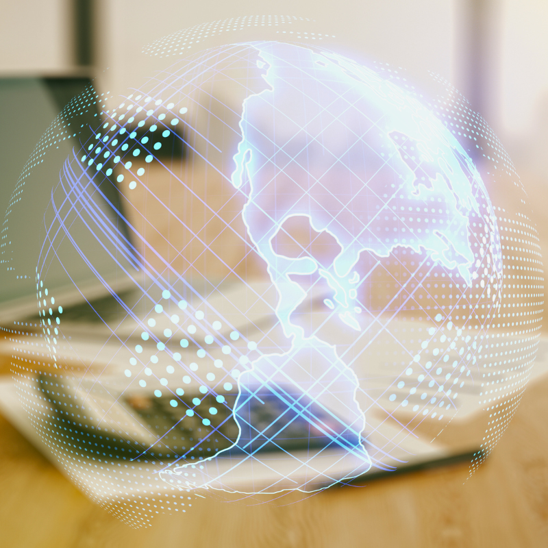 Double exposure of graphic America map hologram on calculator and pc background, big data and digital international tax technology concept