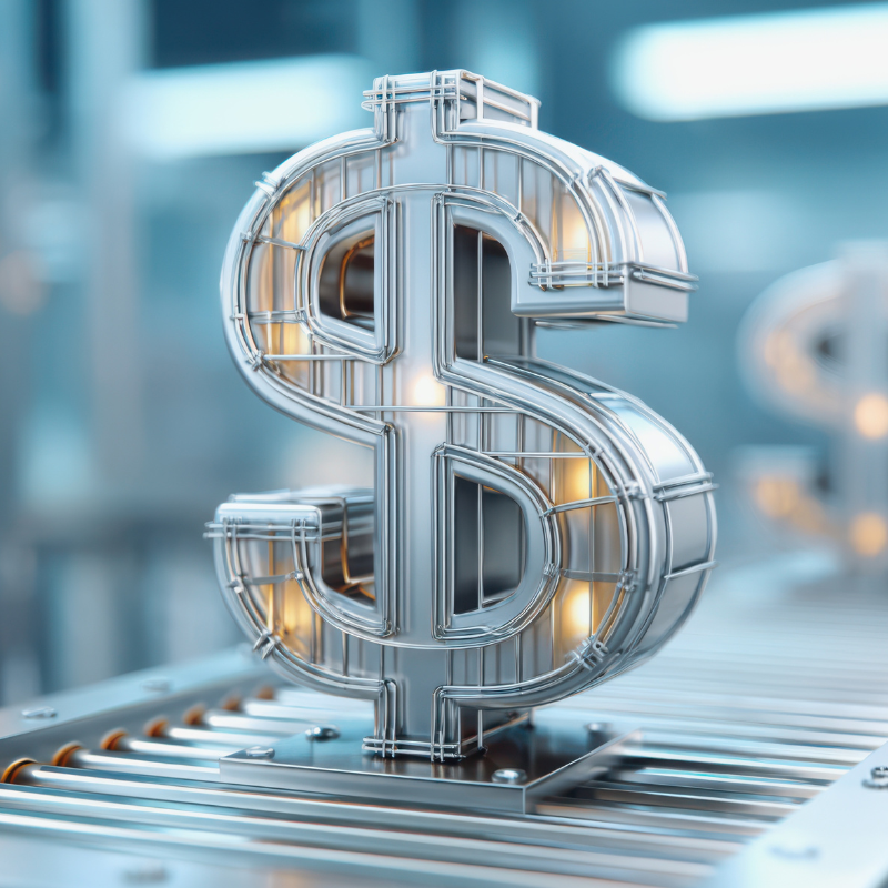 Impact on trade tax policy concept. A metallic dollar sign symbolizing finance moves along a conveyor belt in a modern industrial setting.