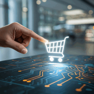 Digital shopping cart ecommerce online retail technology hand on business web