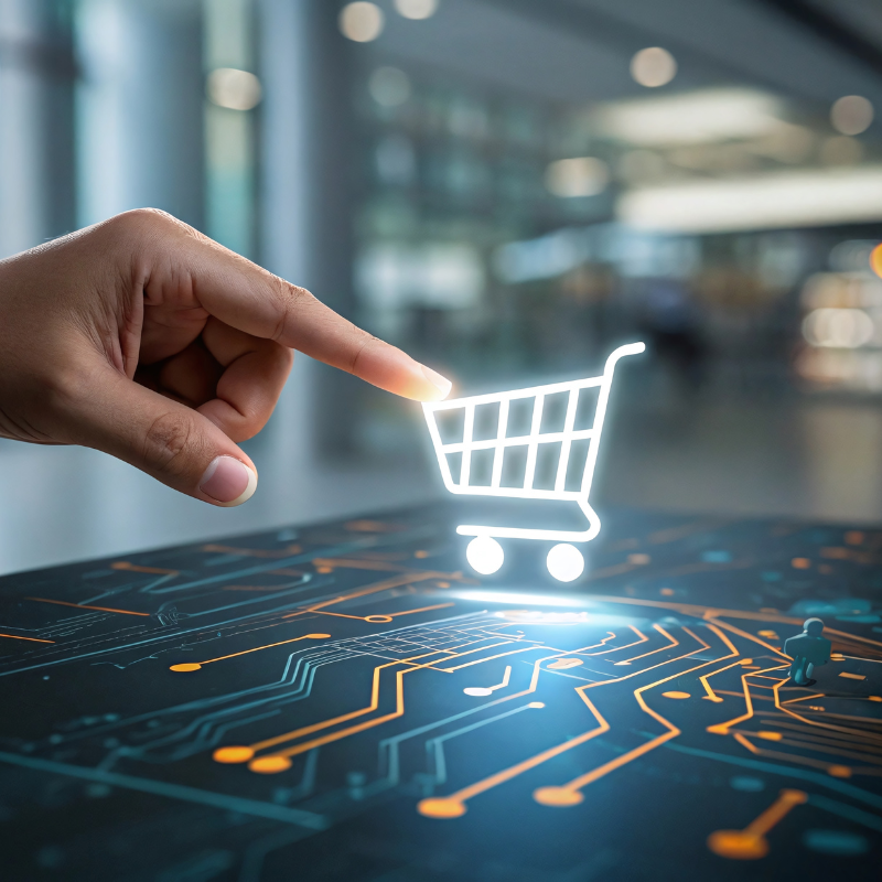 Digital shopping cart ecommerce online retail technology hand on business web