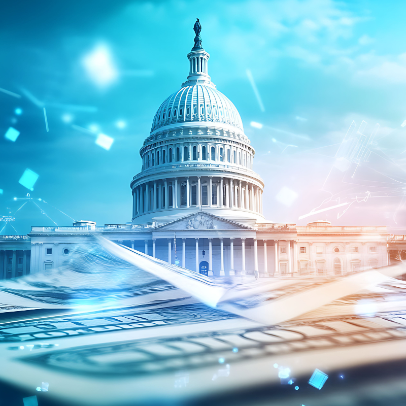 U.S. Capitol building surrounded by floating currency