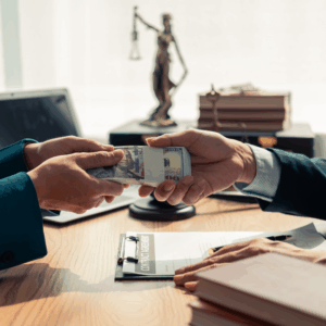 Two hands exchanging payment and showcasing the impact of Guaranteed Payments on Law Firm Finances for a partner.