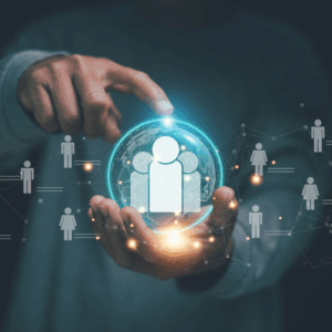 Professional Employer Organization concept. Businessman holding a global structure customer network to manage the team.