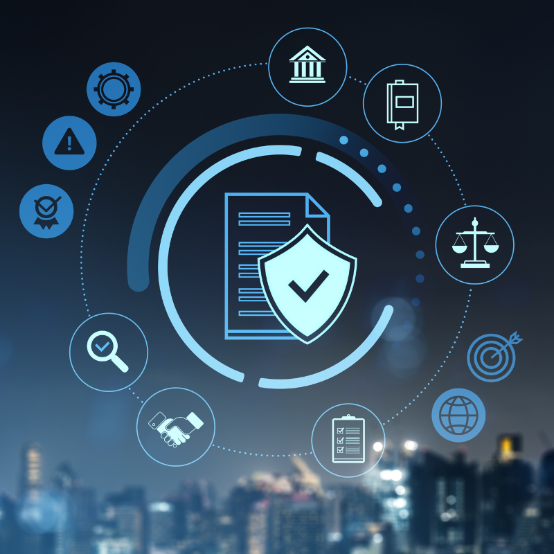 DoD Contract Obligations icons concept on a digital interface over a cityscape.