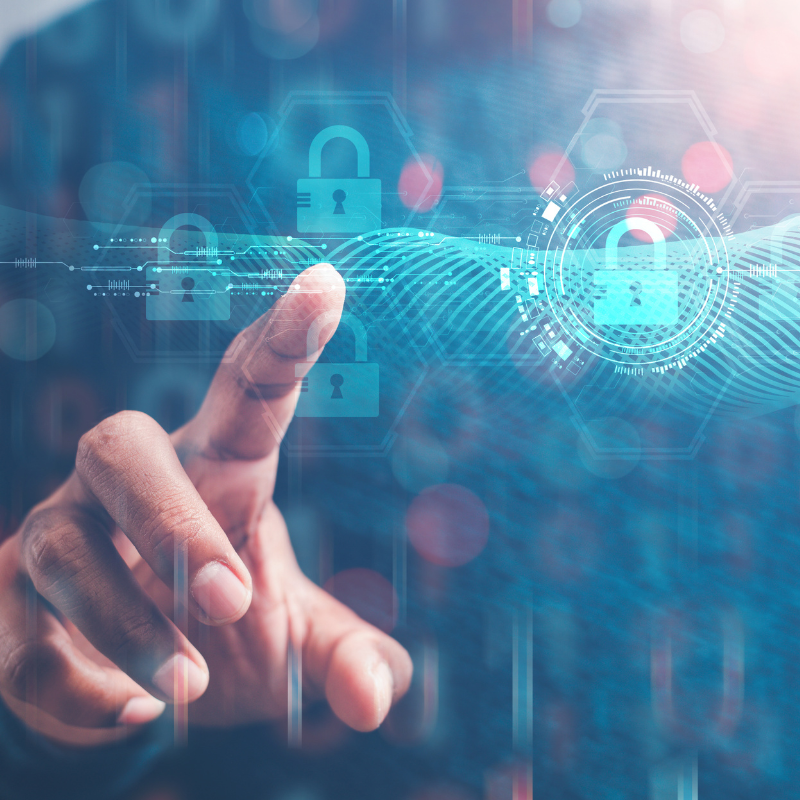 cybersecurity concept Business man shows how to protect cyber technology network from attack by hackers on the internet.